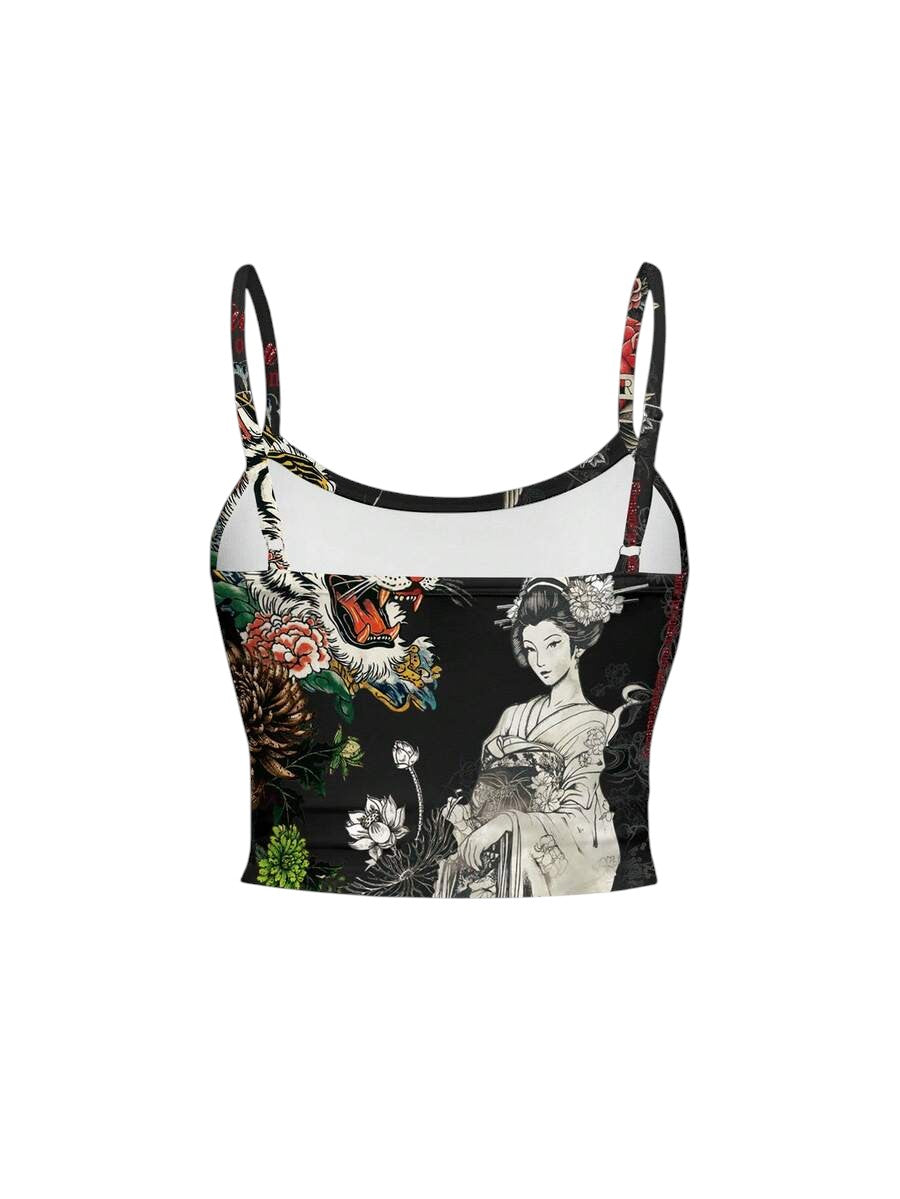 Oriental Tiger Graphic Cami Top & Low Waist Flared Pants Y2K Co-Ord Set