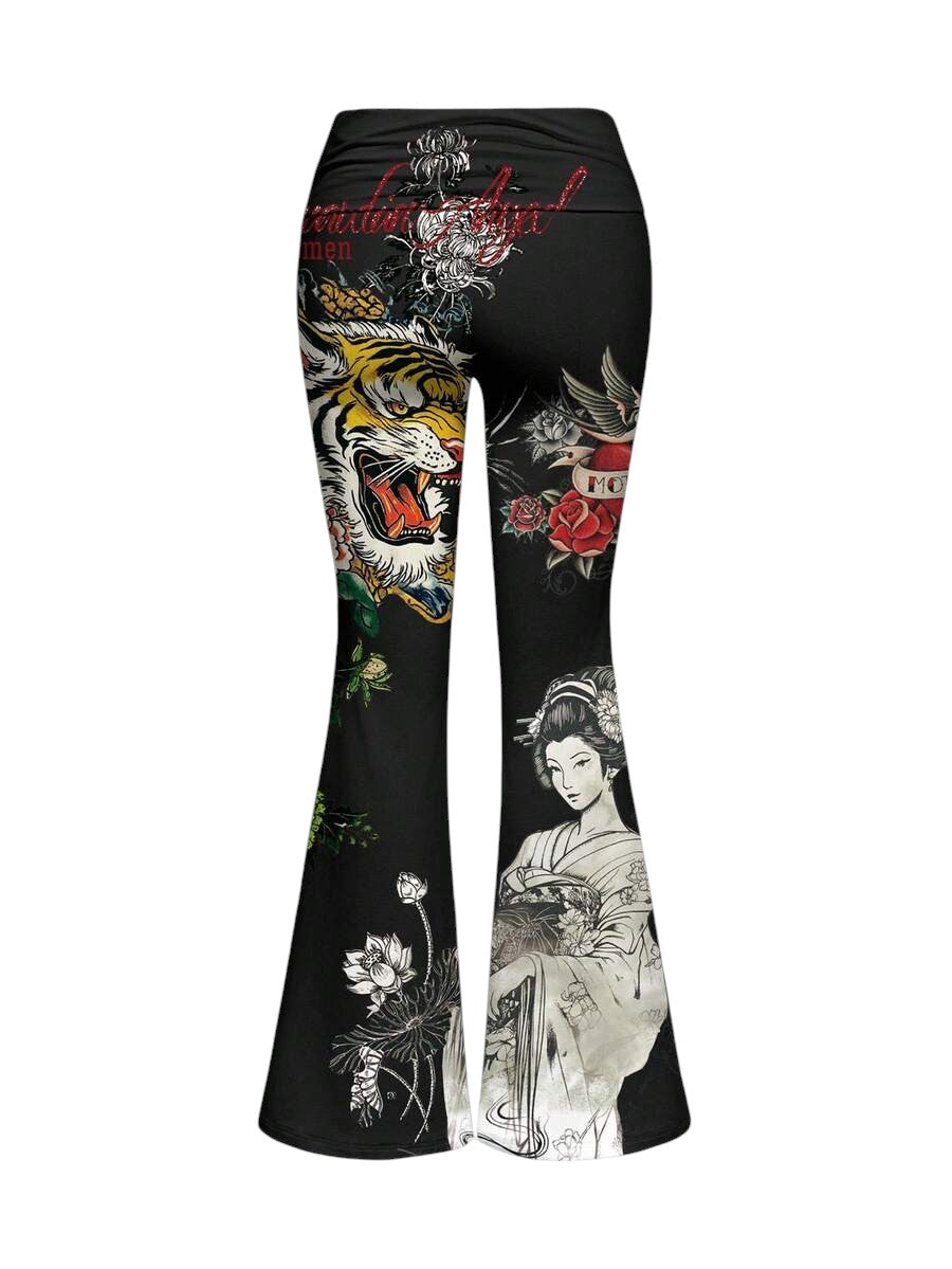 Oriental Tiger Graphic Cami Top & Low Waist Flared Pants Y2K Co-Ord Set