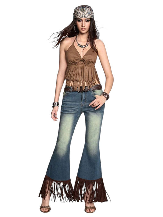 Y2K Retro Suede Fringe Ultra Low Rise Flare Pants