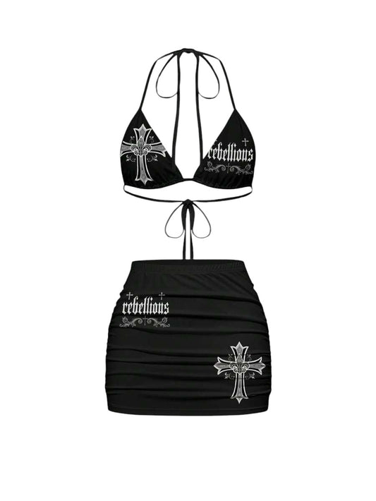 Women's Gothic Cross Print Lace-Up Tank Top & Mini Skirt Two-Piece Set