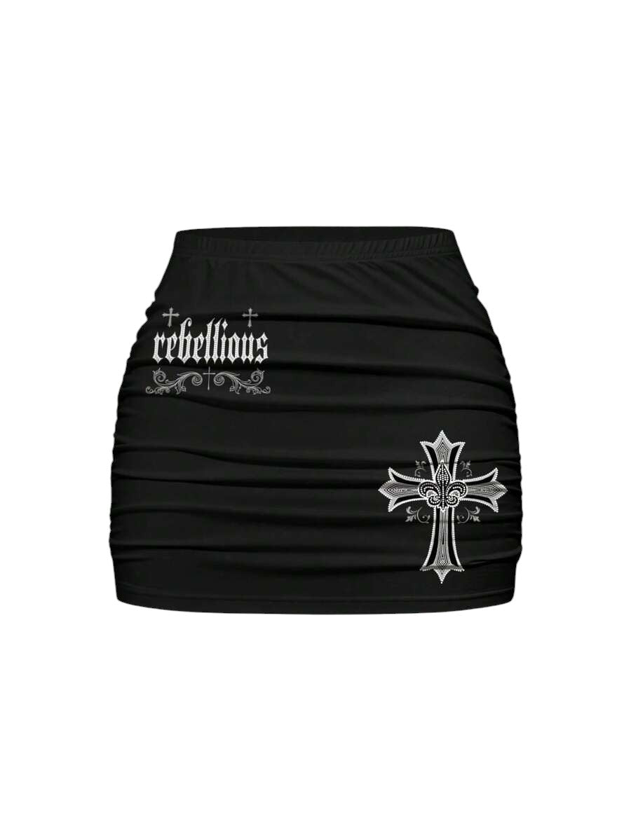 Women's Gothic Cross Print Lace-Up Tank Top & Mini Skirt Two-Piece Set