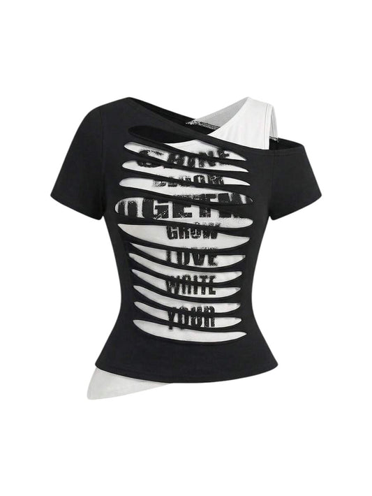 Asymmetric Letter Print Cold Shoulder Slim Fit Y2K Black T-Shirt