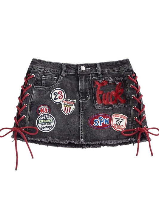 Retro Sports Logo Embroidered Low Rise Denim Mini Skirt