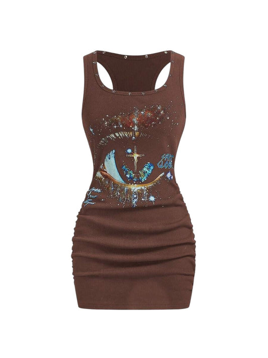 Women's Brown Star Rivet Graphic Bodycon Mini Dress