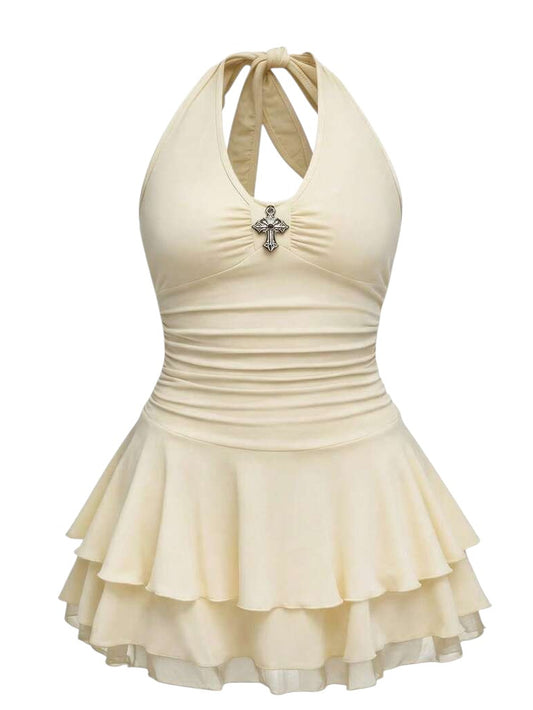 Plus Size Punk Cross Detail Multi-Layer Halter Mini Dress