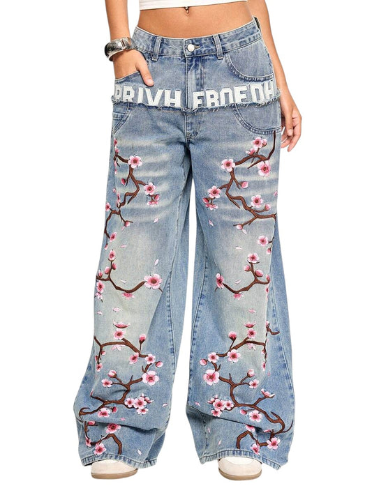 Vintage Cherry Blossom Double Waistband Ultra Low Rise Wide Leg Jeans