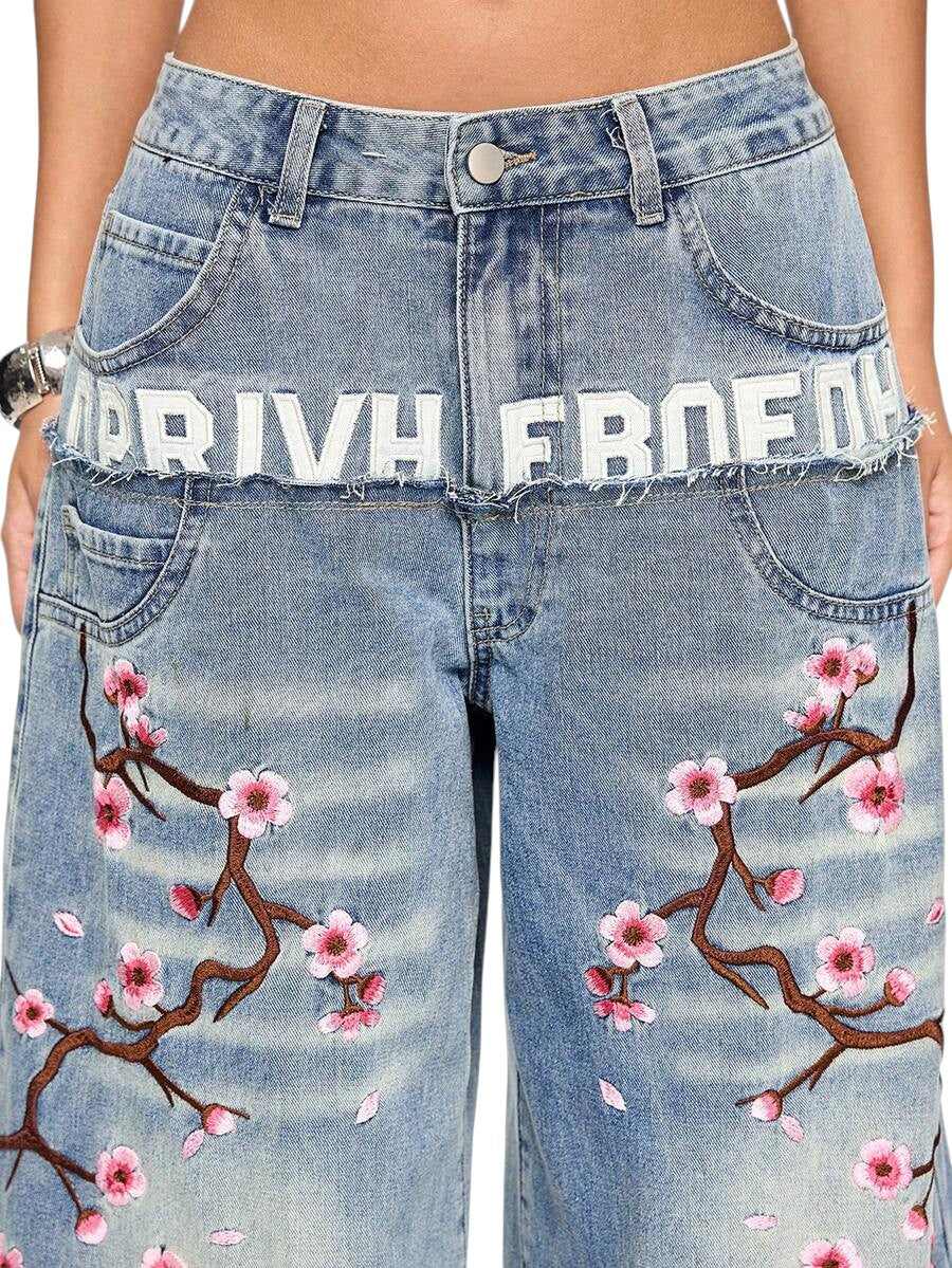 Vintage Cherry Blossom Double Waistband Ultra Low Rise Wide Leg Jeans
