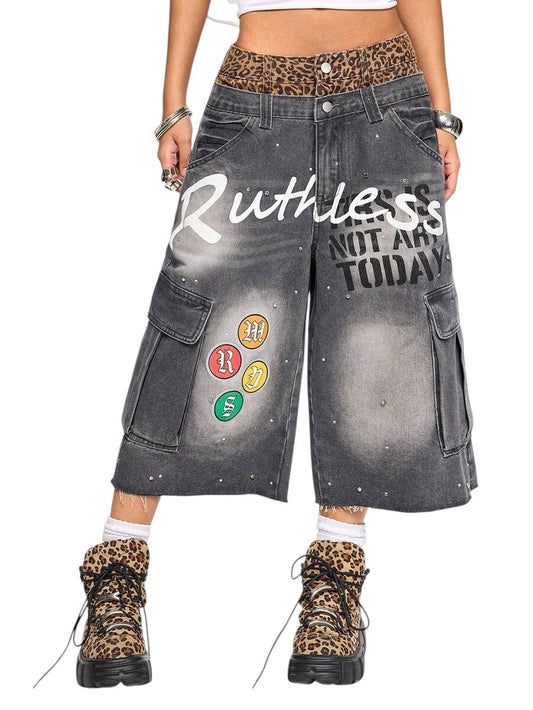 Vintage Leopard Patchwork Oversized 7/8 Denim Jeans