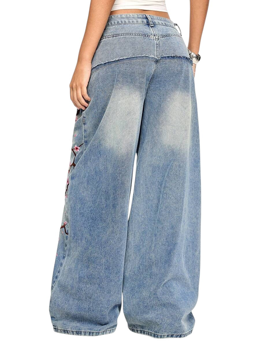 Vintage Cherry Blossom Double Waistband Ultra Low Rise Wide Leg Jeans