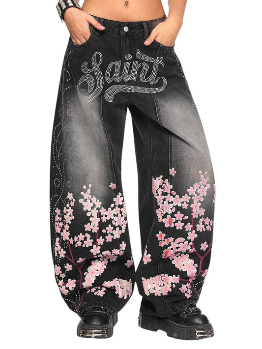 Women's Letter Floral Rhinestone Wide Leg Denim Jeans