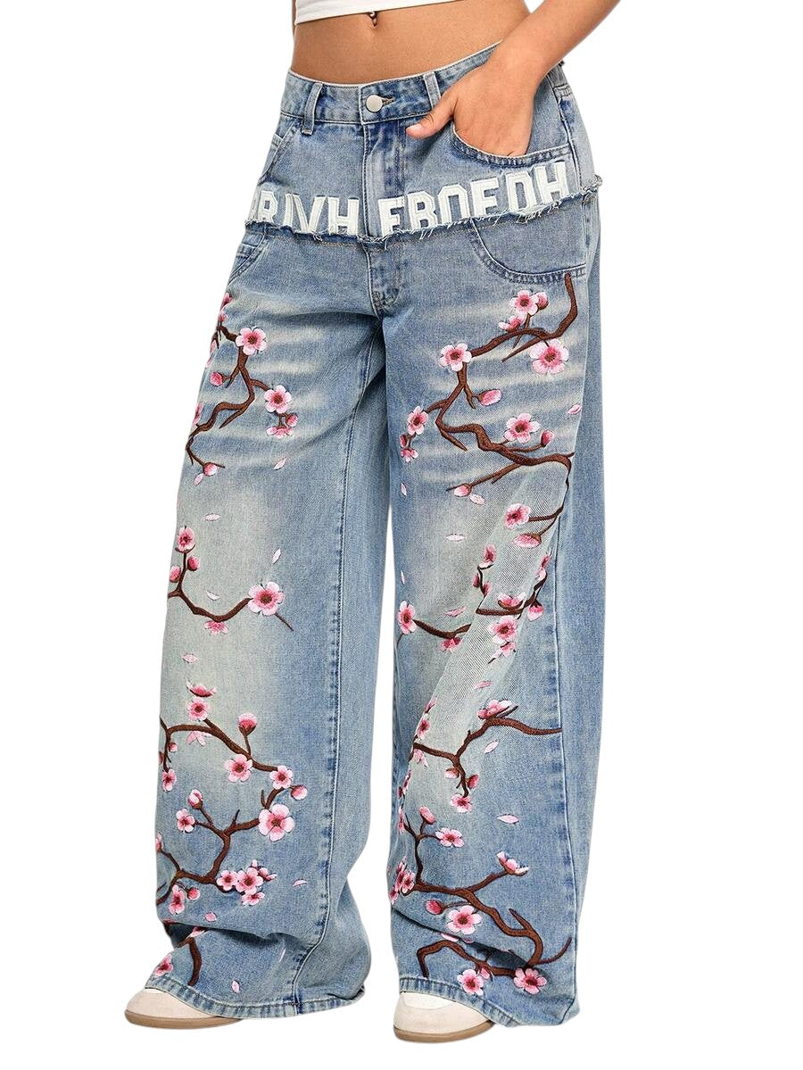 Vintage Cherry Blossom Double Waistband Ultra Low Rise Wide Leg Jeans
