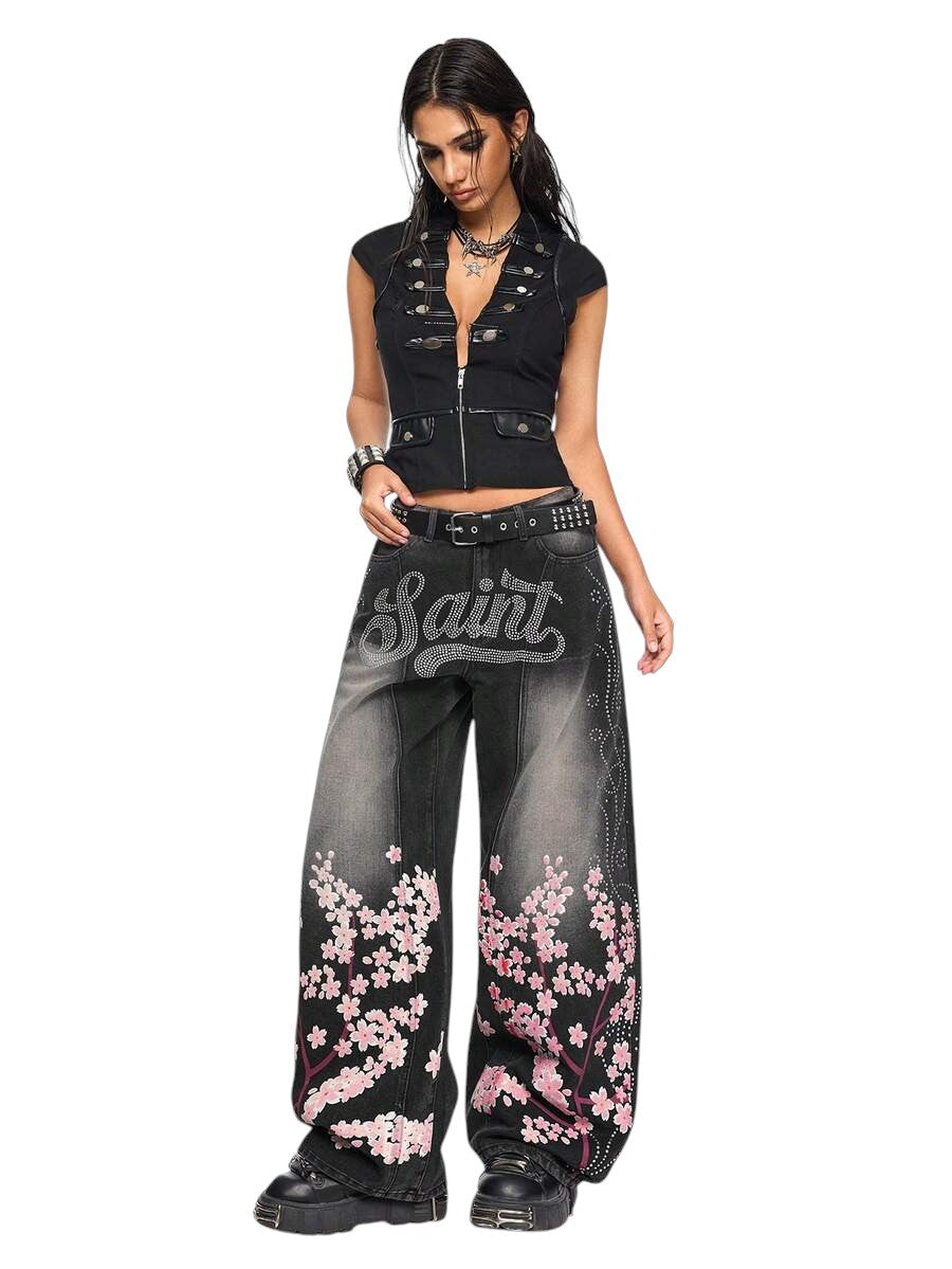 Women's Letter Floral Rhinestone Wide Leg Denim Jeans