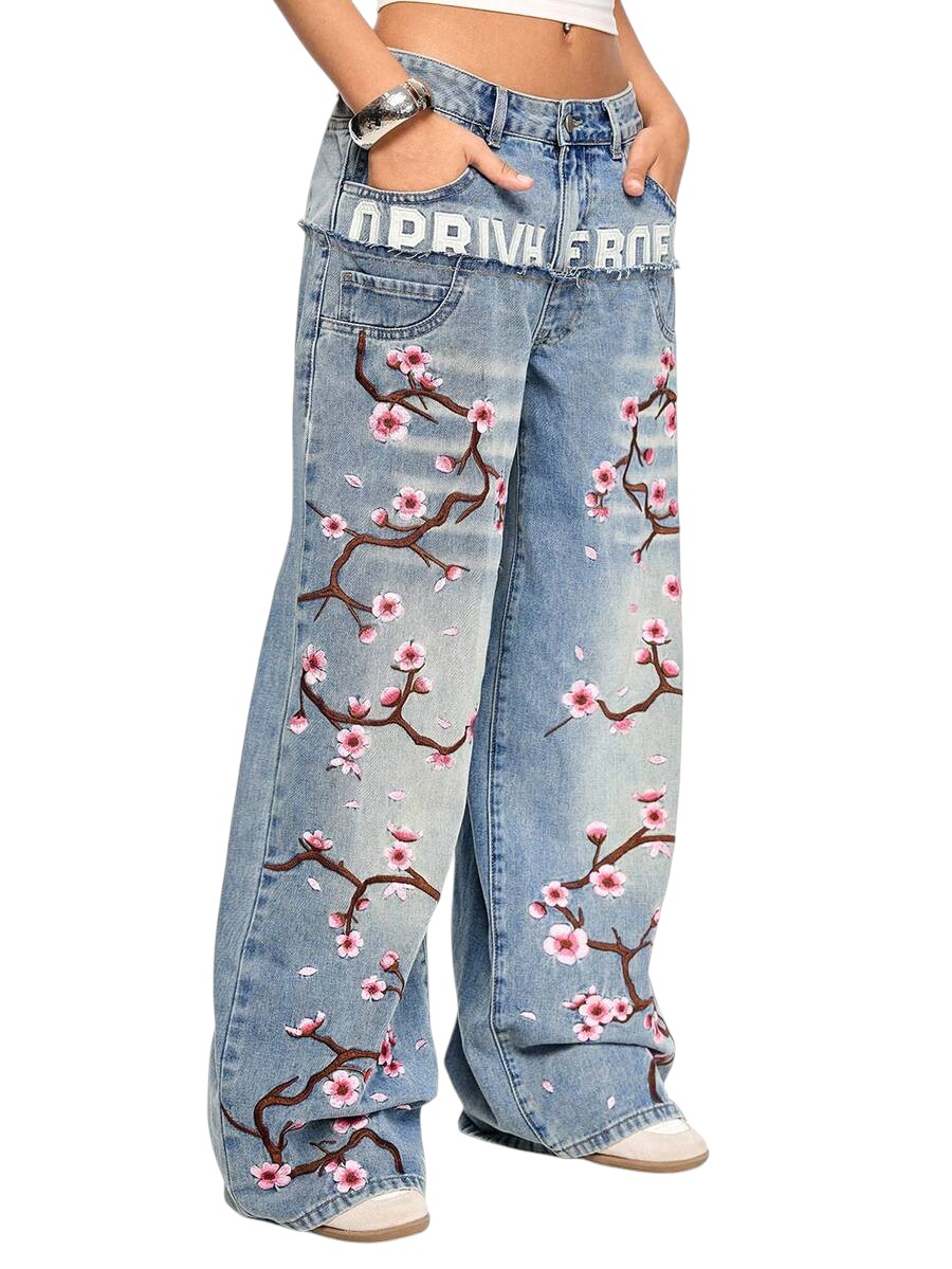 Vintage Cherry Blossom Double Waistband Ultra Low Rise Wide Leg Jeans