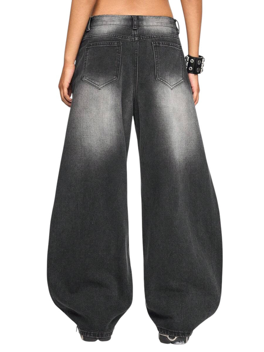 Women's Letter Floral Rhinestone Wide Leg Denim Jeans