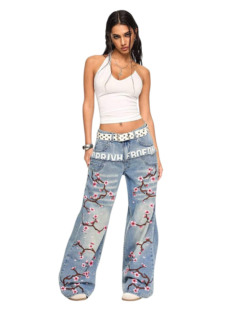 Vintage Cherry Blossom Double Waistband Ultra Low Rise Wide Leg Jeans