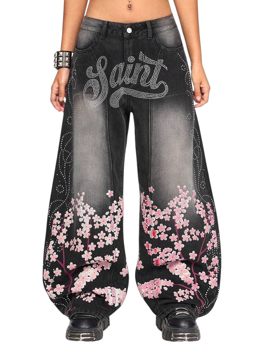 Women's Letter Floral Rhinestone Wide Leg Denim Jeans