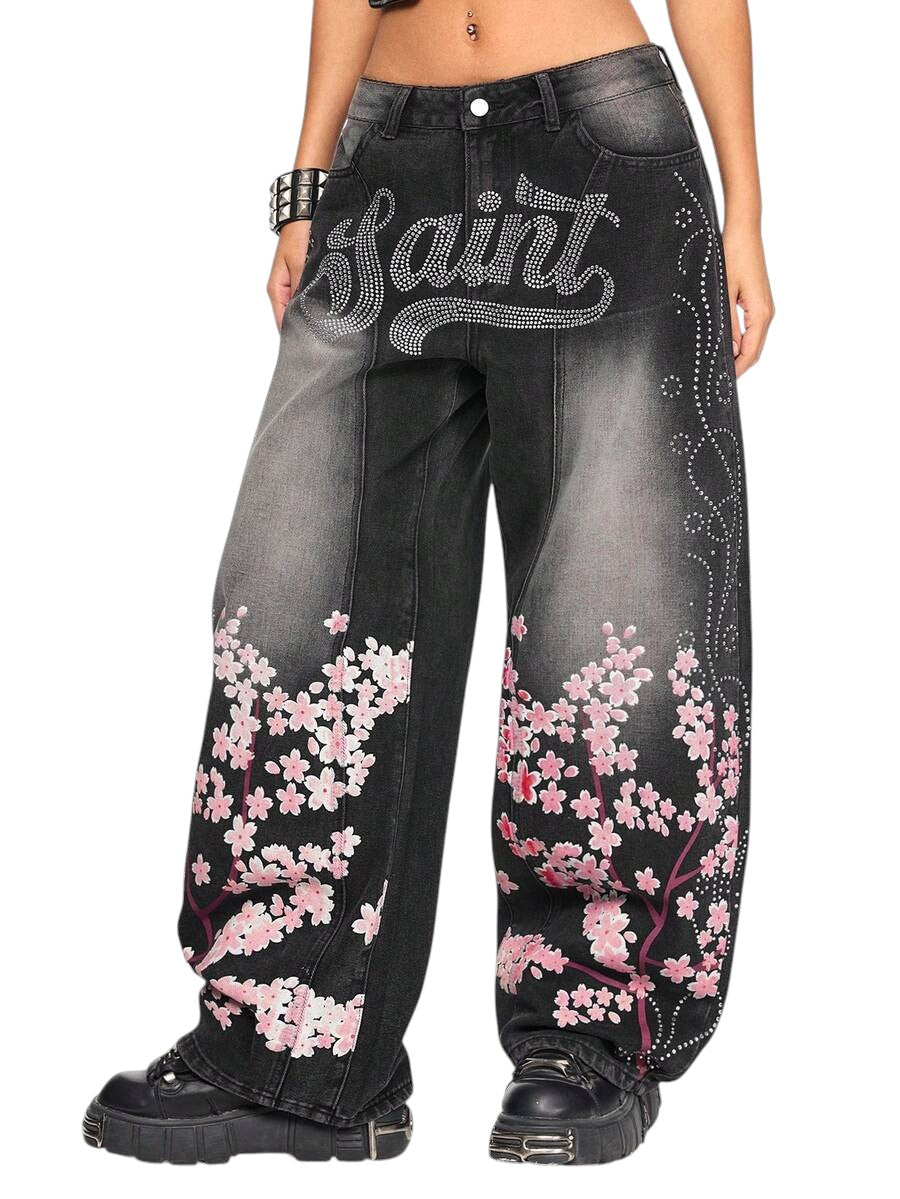 Women's Letter Floral Rhinestone Wide Leg Denim Jeans
