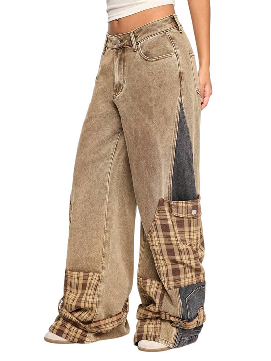 Ultra Low Rise Patchwork Plaid 2-In-1 Wide Leg Denim Pants