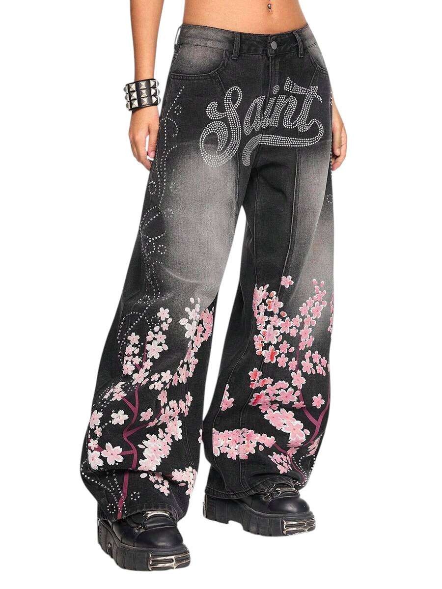 Women's Letter Floral Rhinestone Wide Leg Denim Jeans