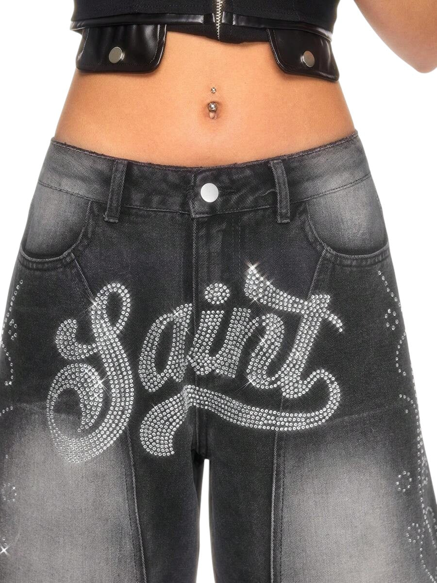 Women's Letter Floral Rhinestone Wide Leg Denim Jeans
