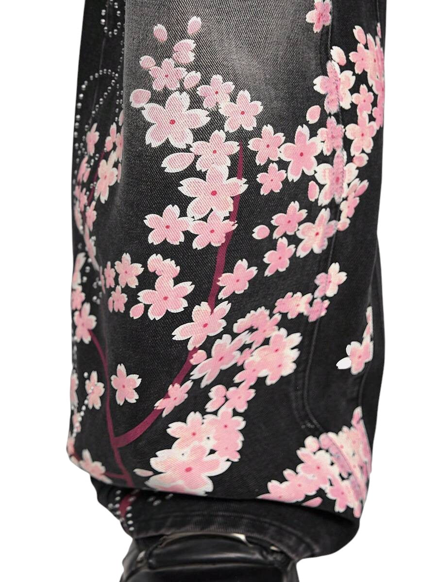Women's Letter Floral Rhinestone Wide Leg Denim Jeans
