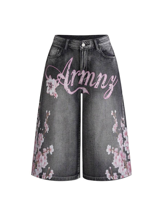 Women's Sakura Letter Print Loose Straight-Leg Denim Capri Pants
