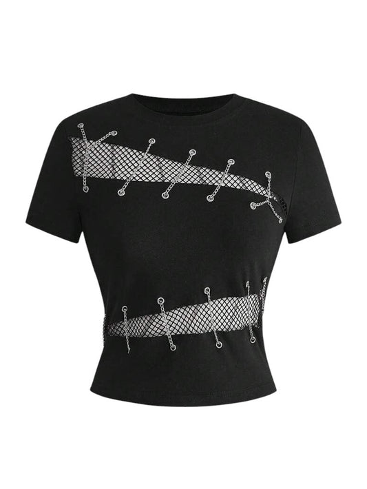 Women's Y2K Mesh Layer Chain Detail Fitted T-Shirt