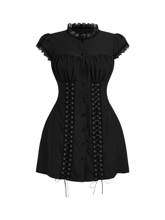 Plus Size Eyelet Bow Detail Fitted Shirt Mini Dress