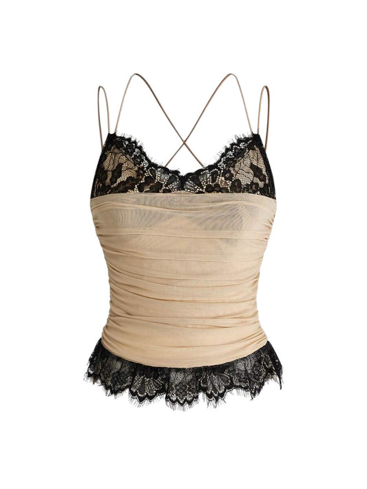 Avant Colorblock Lace Mesh Ruched Waist Long Sleeve Slim Fit Top