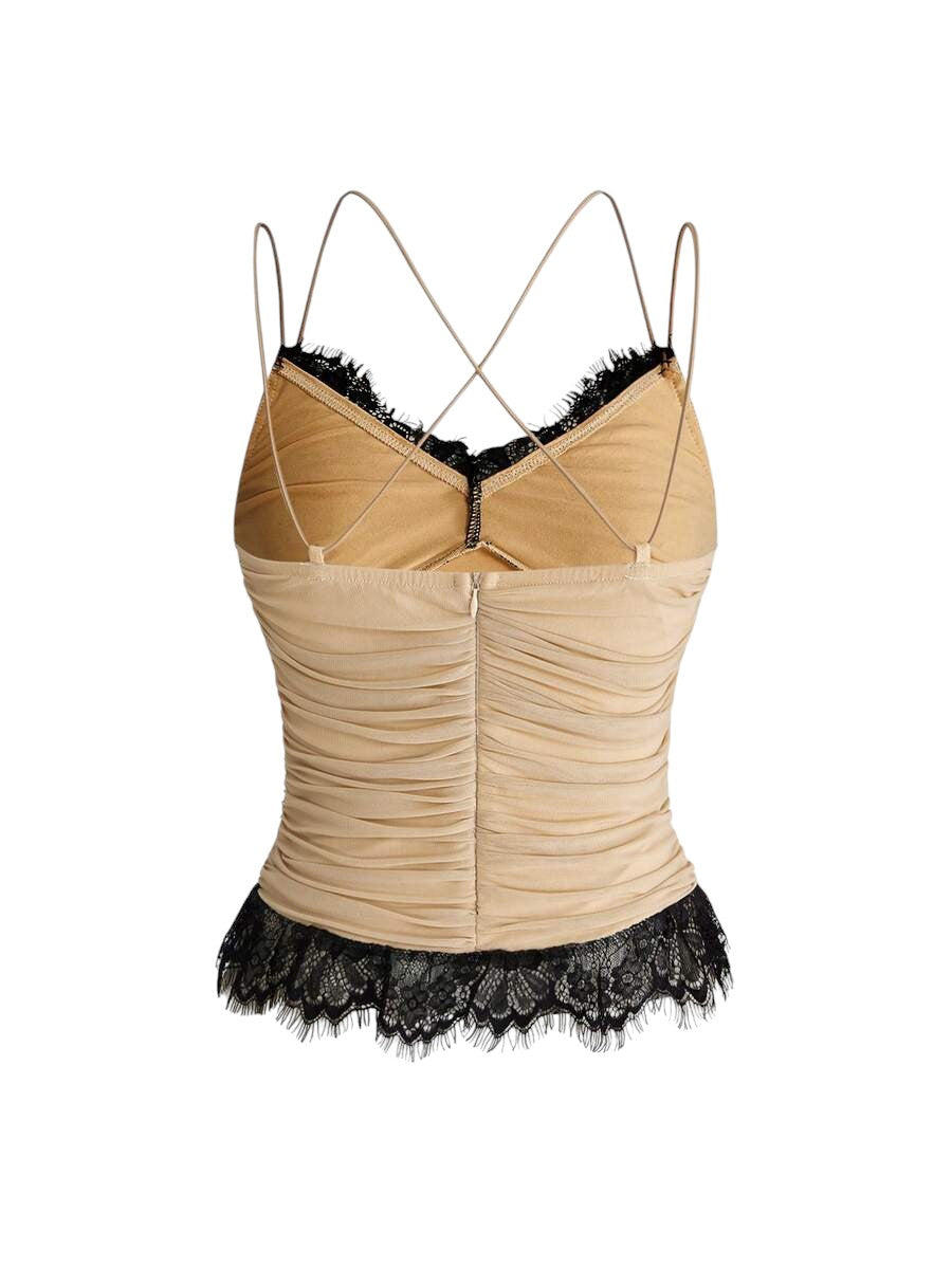 Avant Colorblock Lace Mesh Ruched Waist Long Sleeve Slim Fit Top