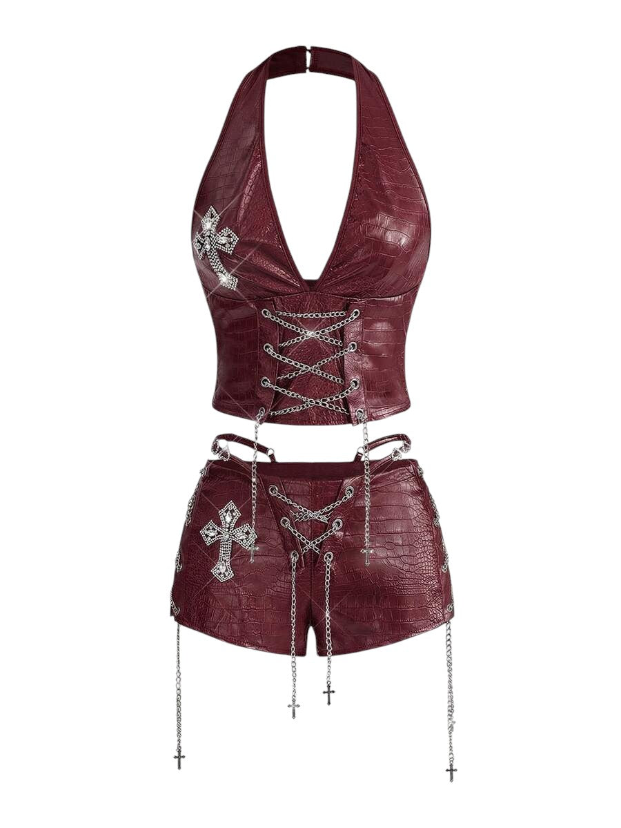 Retro Gyaru Burgundy PU Halter Crop Top & Ultra Low Rise Bodycon Shorts Co-Ord Set