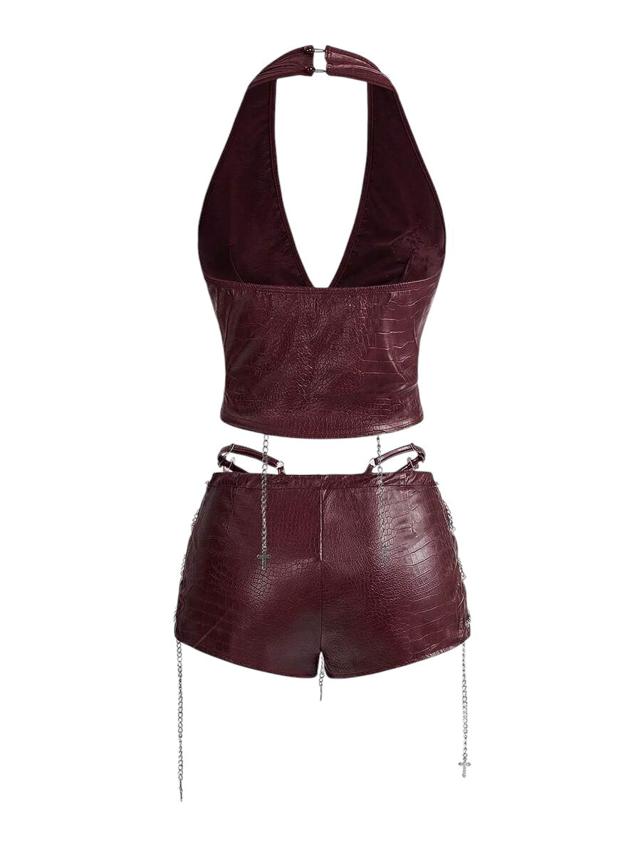 Retro Gyaru Burgundy PU Halter Crop Top & Ultra Low Rise Bodycon Shorts Co-Ord Set