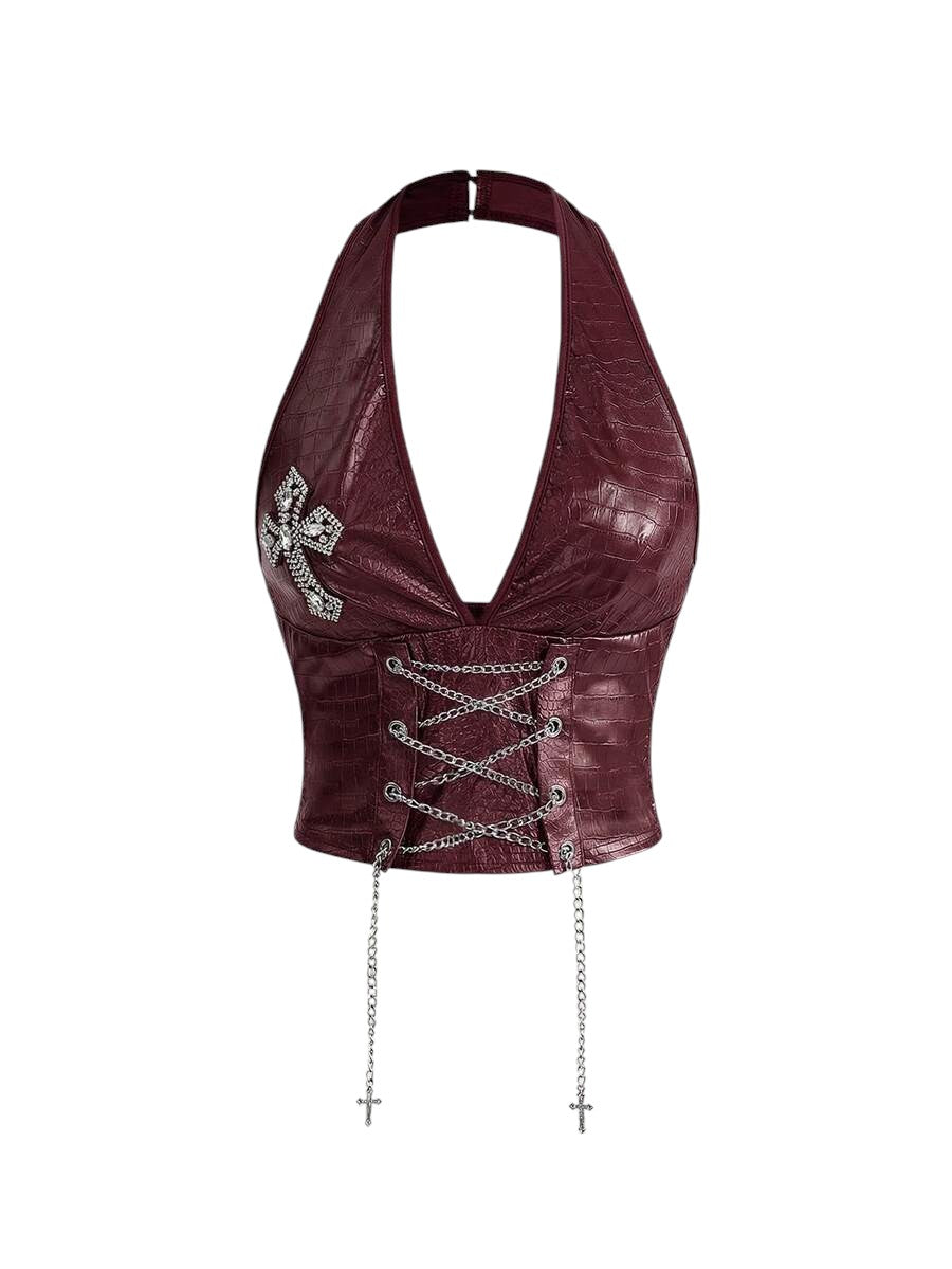 Retro Gyaru Burgundy PU Halter Crop Top & Ultra Low Rise Bodycon Shorts Co-Ord Set