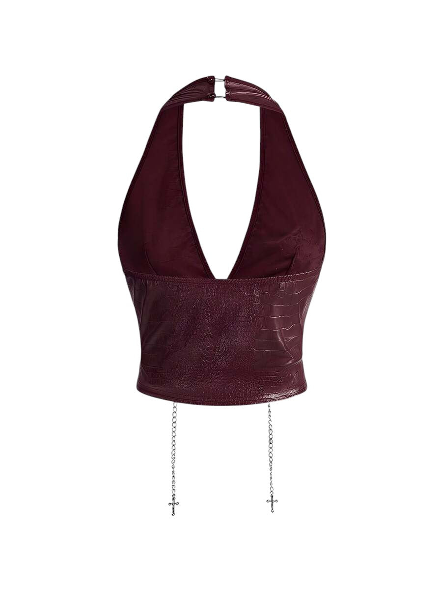 Retro Gyaru Burgundy PU Halter Crop Top & Ultra Low Rise Bodycon Shorts Co-Ord Set
