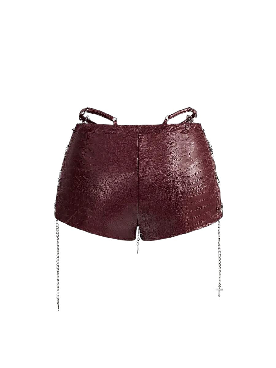Retro Gyaru Burgundy PU Halter Crop Top & Ultra Low Rise Bodycon Shorts Co-Ord Set