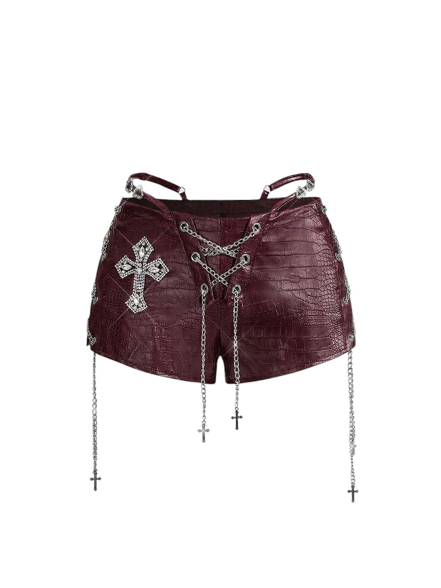 Retro Gyaru Burgundy PU Halter Crop Top & Ultra Low Rise Bodycon Shorts Co-Ord Set