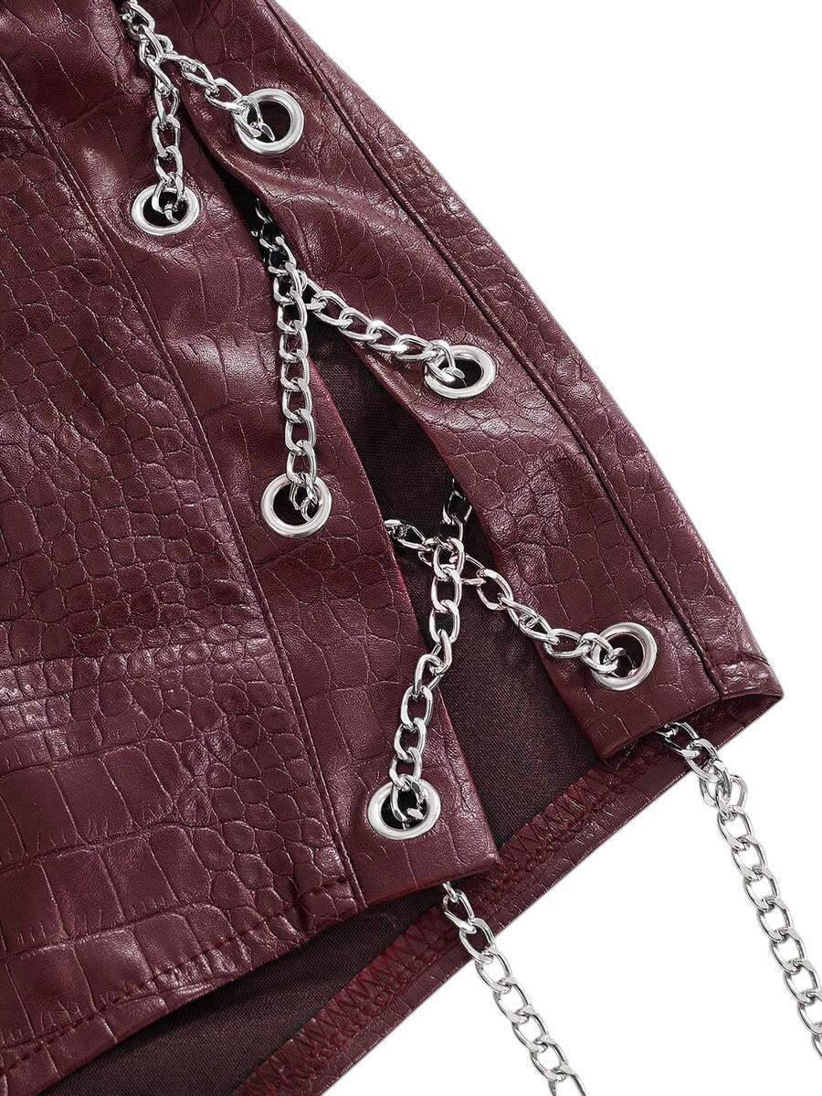 Retro Gyaru Burgundy PU Halter Crop Top & Ultra Low Rise Bodycon Shorts Co-Ord Set