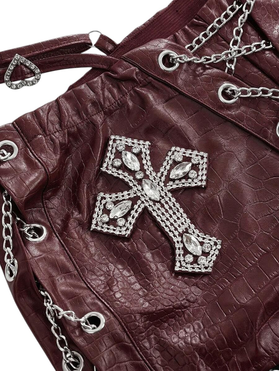 Retro Gyaru Burgundy PU Halter Crop Top & Ultra Low Rise Bodycon Shorts Co-Ord Set