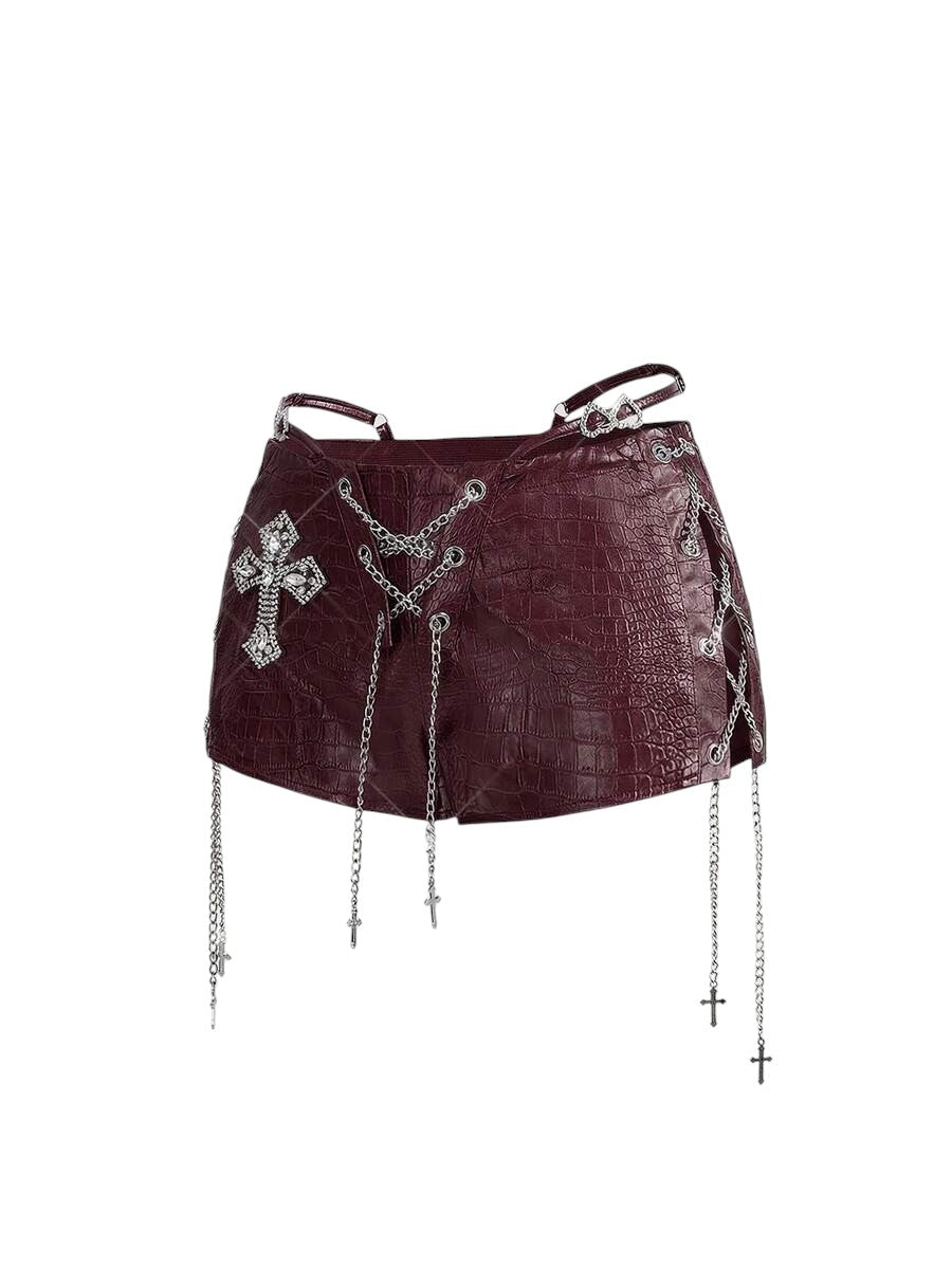 Retro Gyaru Burgundy PU Halter Crop Top & Ultra Low Rise Bodycon Shorts Co-Ord Set