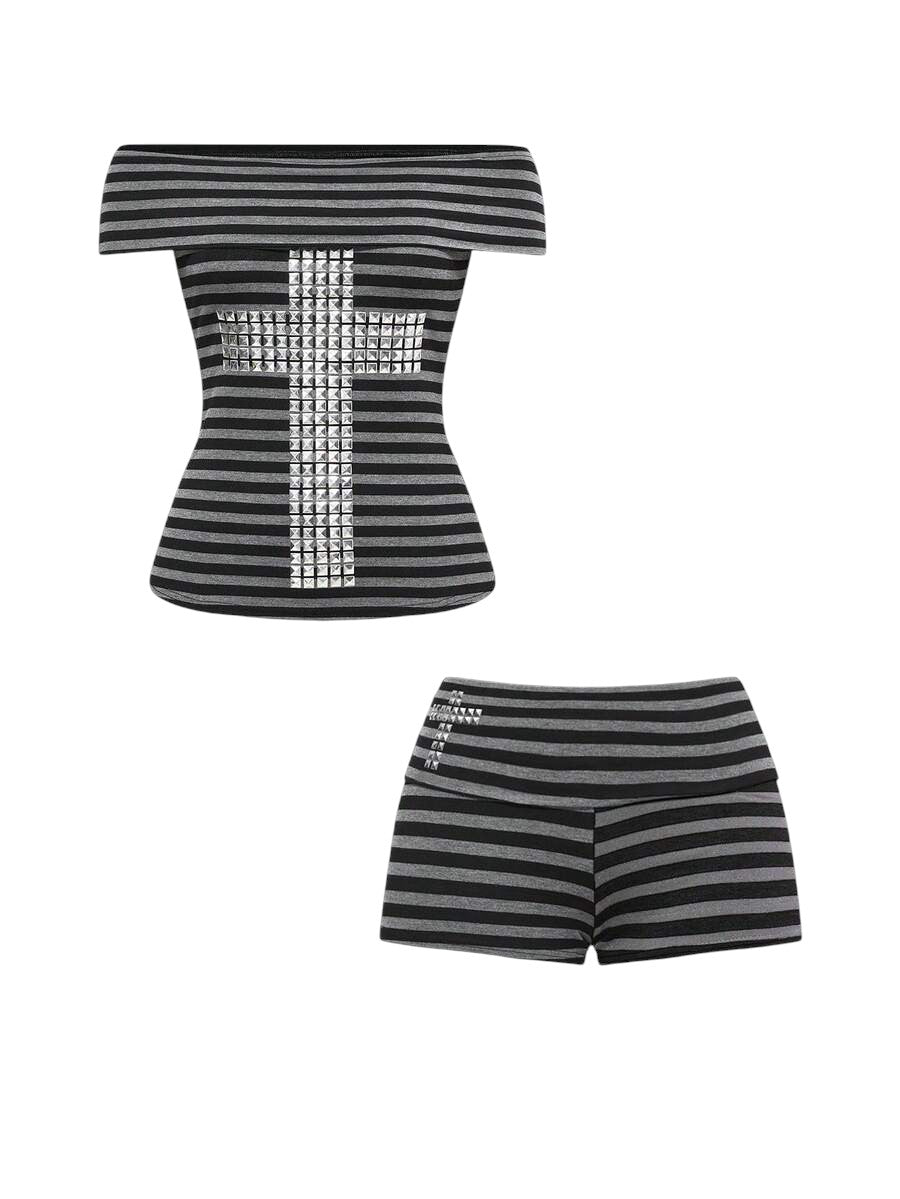 Multicolor Striped Off Shoulder Rivet Top & Super Low Waist Mini Shorts Co-Ord Set