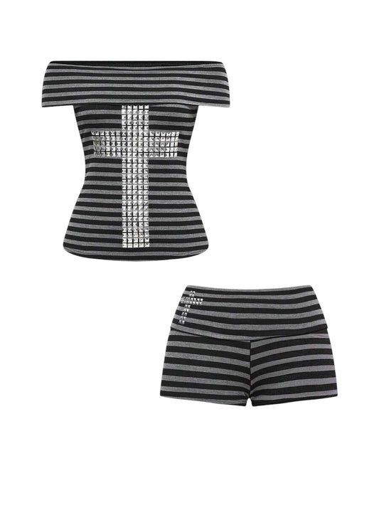 Multicolor Striped Off Shoulder Rivet Top & Super Low Waist Mini Shorts Co-Ord Set