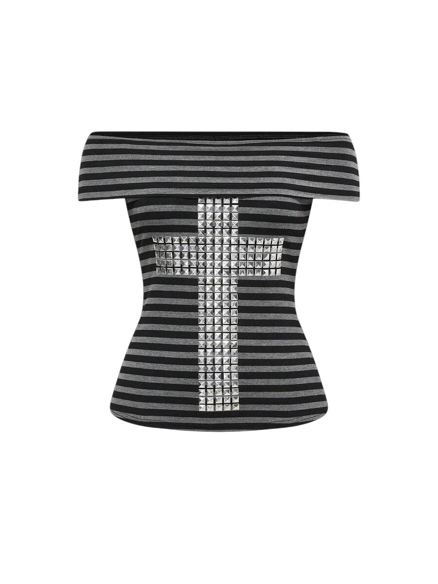 Multicolor Striped Off Shoulder Rivet Top & Super Low Waist Mini Shorts Co-Ord Set