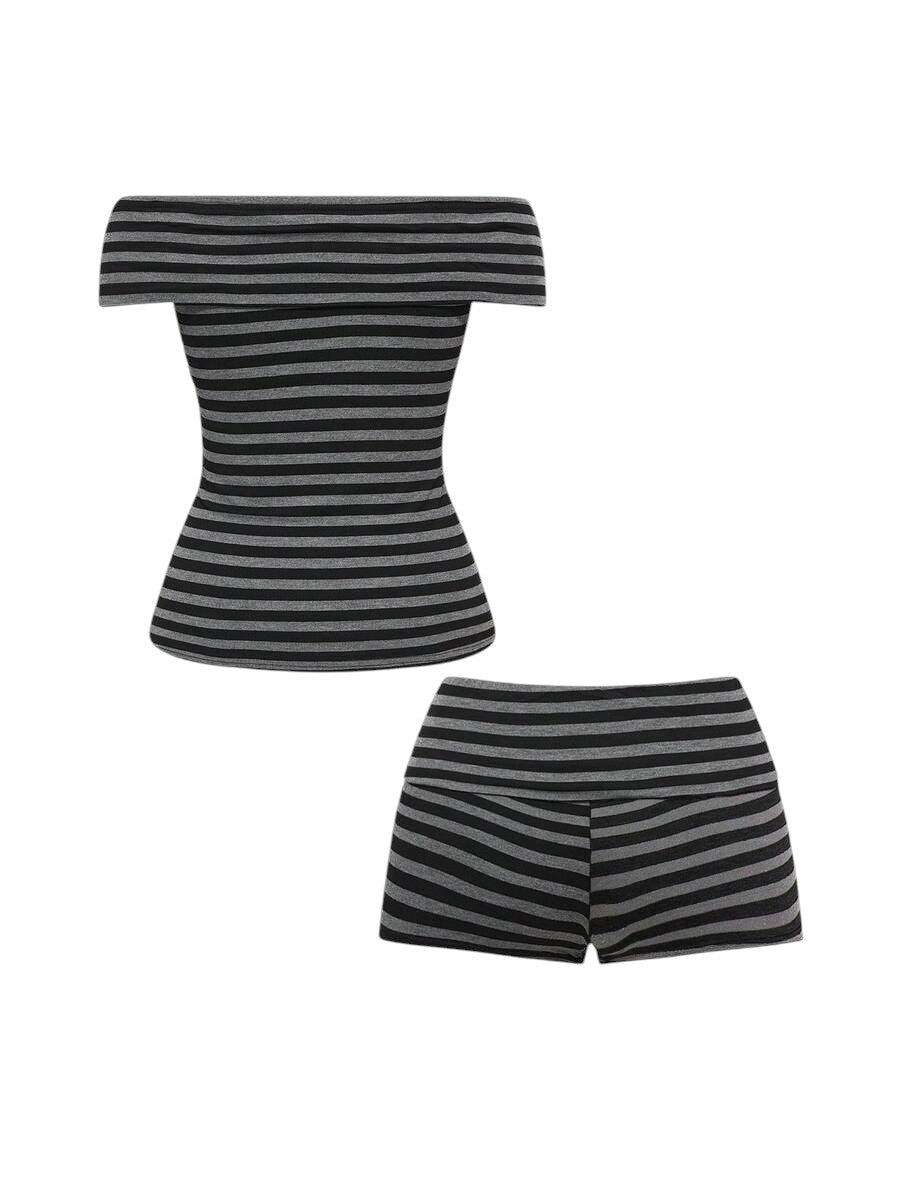 Multicolor Striped Off Shoulder Rivet Top & Super Low Waist Mini Shorts Co-Ord Set