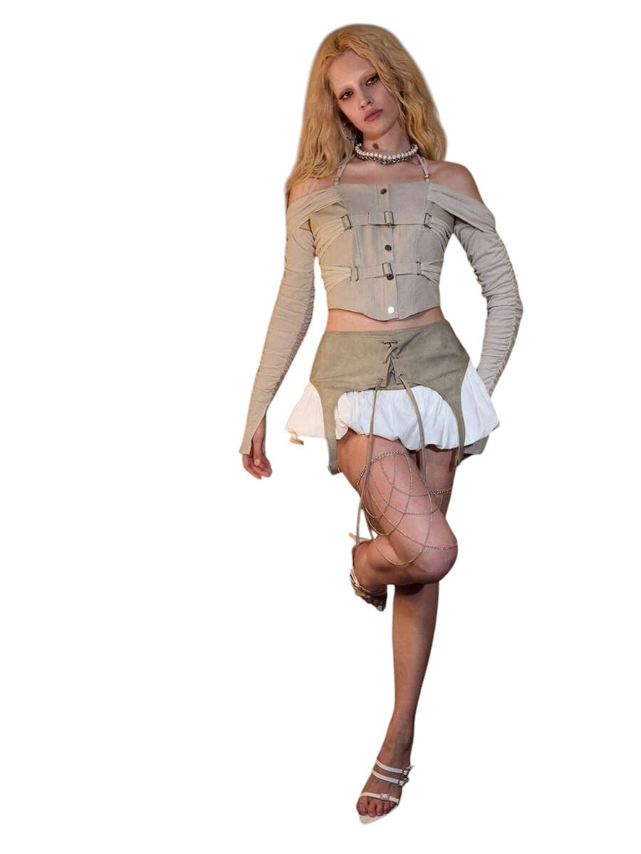 Women's Beige Ruched Off-Shoulder Tie Strap Top