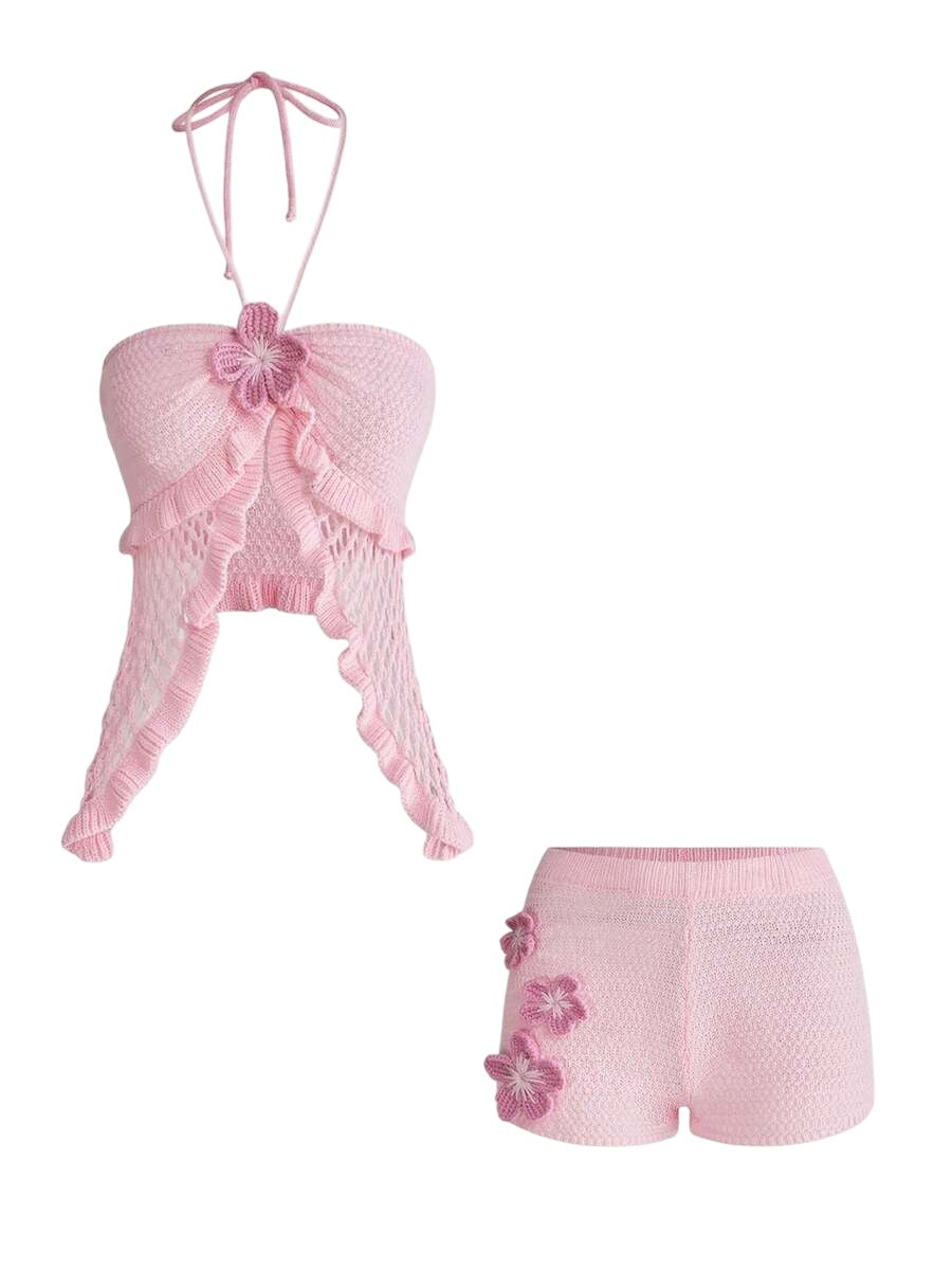 Women's Y2K Tie Front Halter Pink Crop Top & Ultra Low Rise Shorts Set