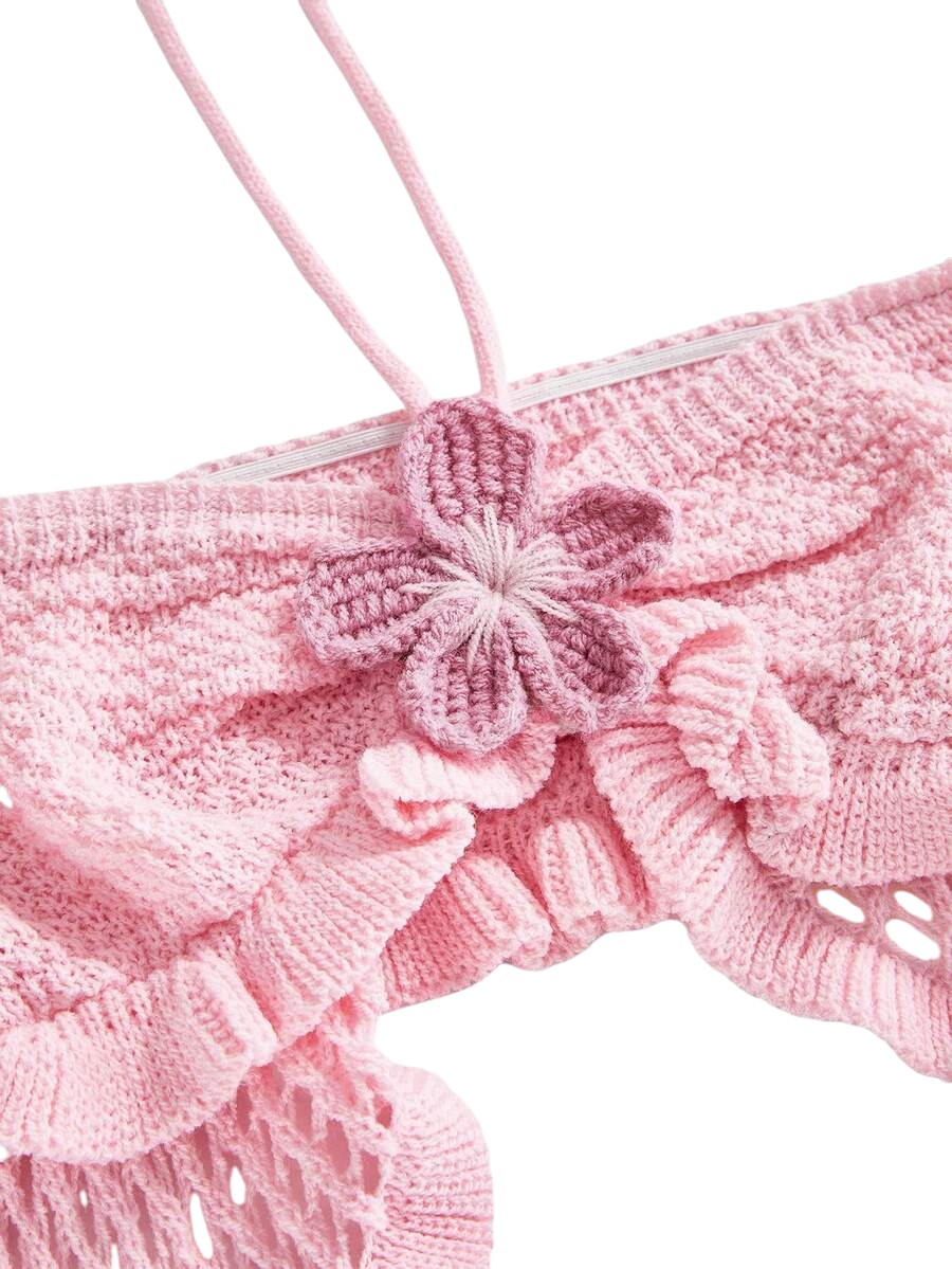 Women's Y2K Tie Front Halter Pink Crop Top & Ultra Low Rise Shorts Set
