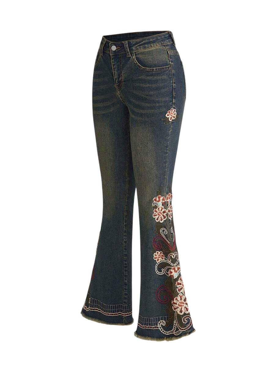 Women's Vintage Hippie Embroidered Super Low Rise Flare Jeans