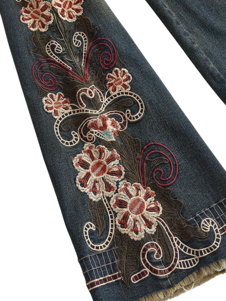 Women's Vintage Hippie Embroidered Super Low Rise Flare Jeans