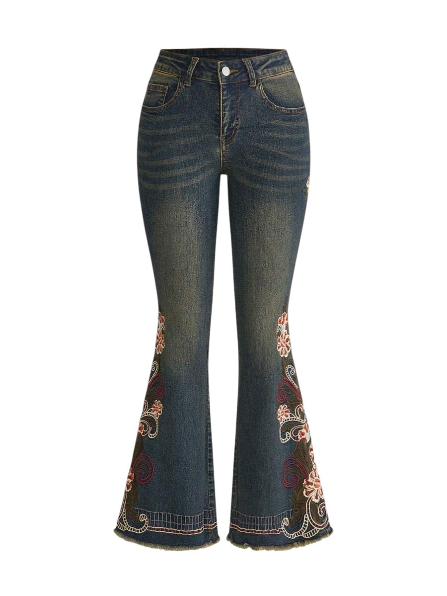 Women's Vintage Hippie Embroidered Super Low Rise Flare Jeans
