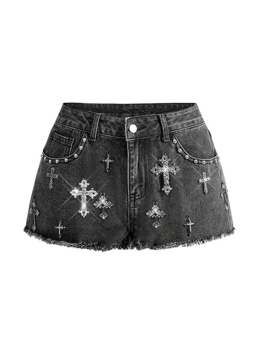 Women's Y2K Low-Rise Frayed Hem Denim Shorts with Cross Detail